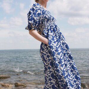 JESSIE ZHAO blue white Animal World cotton silk smocked dress